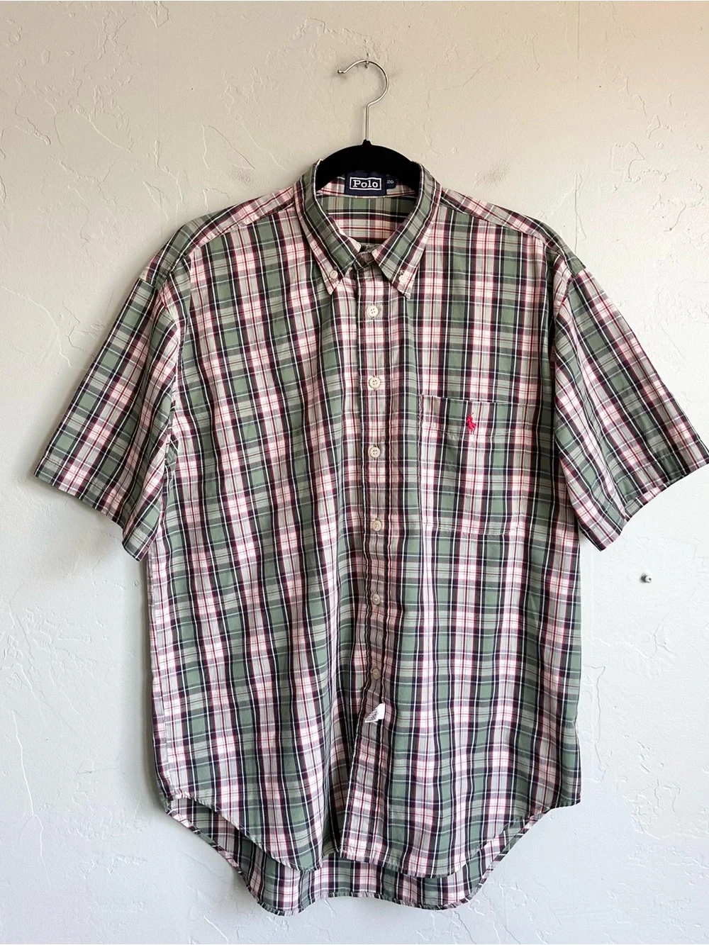 Vintage Polo Ralph‎ Lauren Men Preppy Green Plaid Short-Sleeve Button-Down Shirt